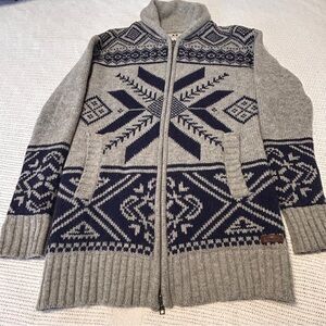 Roots Women’s XS Wool Blend Zip Cardigan Grey and Blue Fair Iles pattern Warm